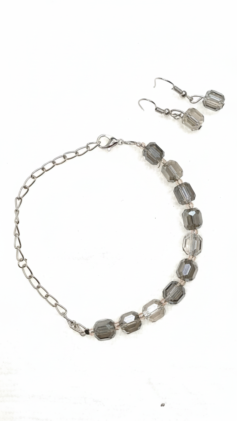 Smoky grey beaded glass crystal with SIlver metalic chain Bracelet and Ear rings