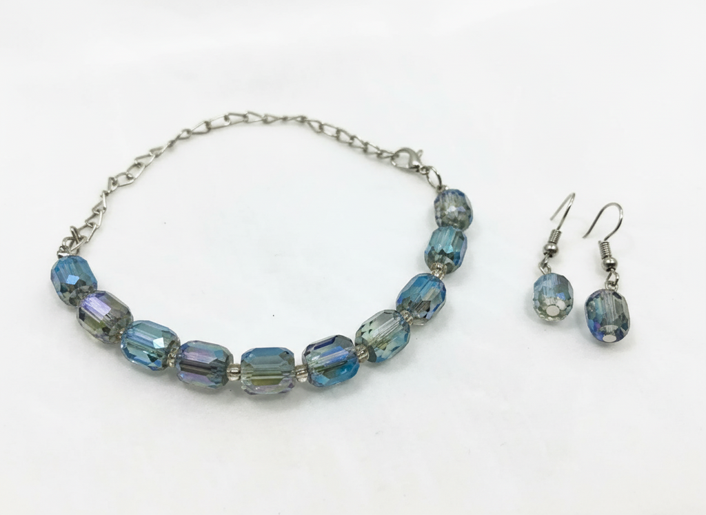Smoky grey and blue beaded glass crystal with SIlver metalic chain Bracelet and Ear rings