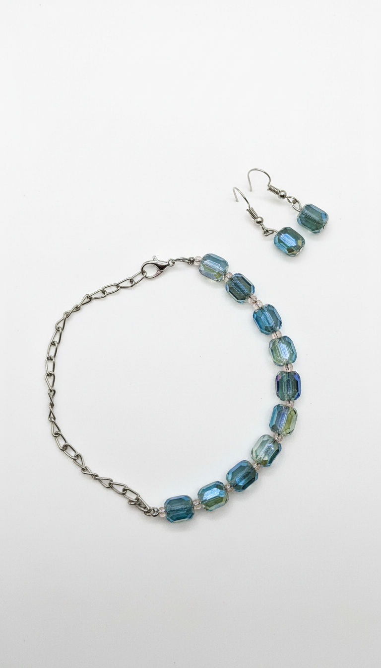 Smoky grey and blue beaded glass crystal with SIlver metalic chain Bracelet and Ear rings