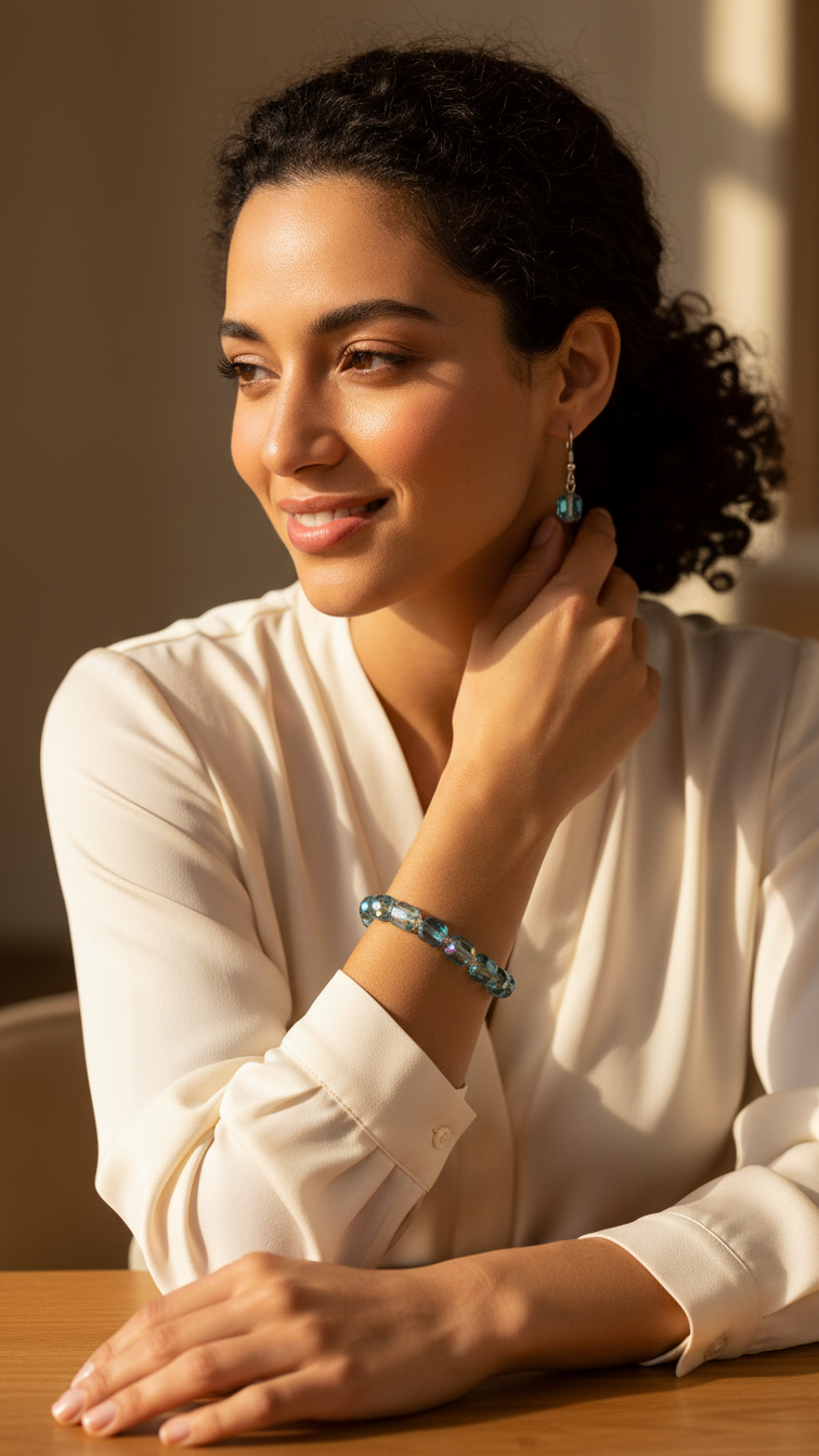 Smoky grey and blue beaded glass crystal with SIlver metalic chain Bracelet and Ear rings