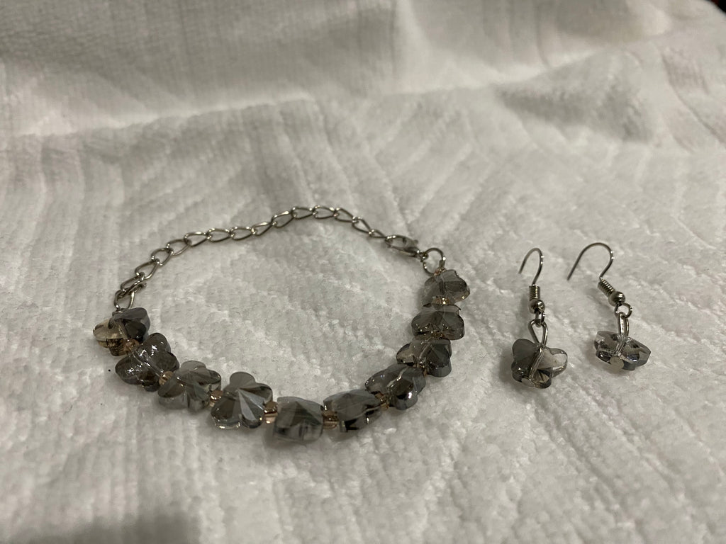 Smoky grey with Silver Finish Butterfuly charm Bracelet with Earrings