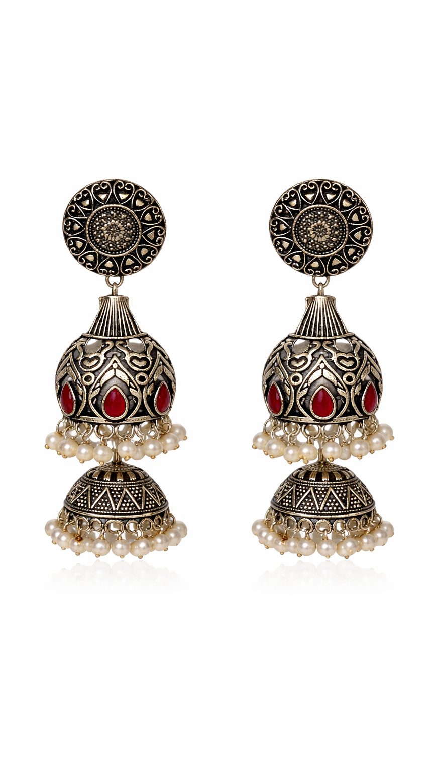 Silver toned metalic engraved Red stones white pearl border earrings