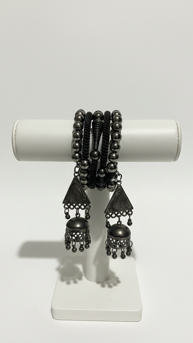 Oxidized Black Metal Pearls and Floral drops Bracelet
