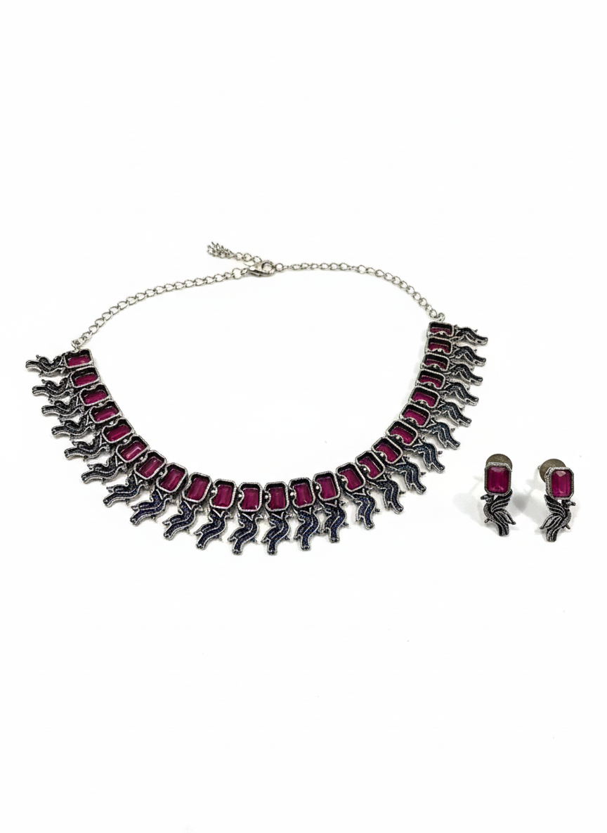 Rectangular Red stones oxidized Metal Necklace