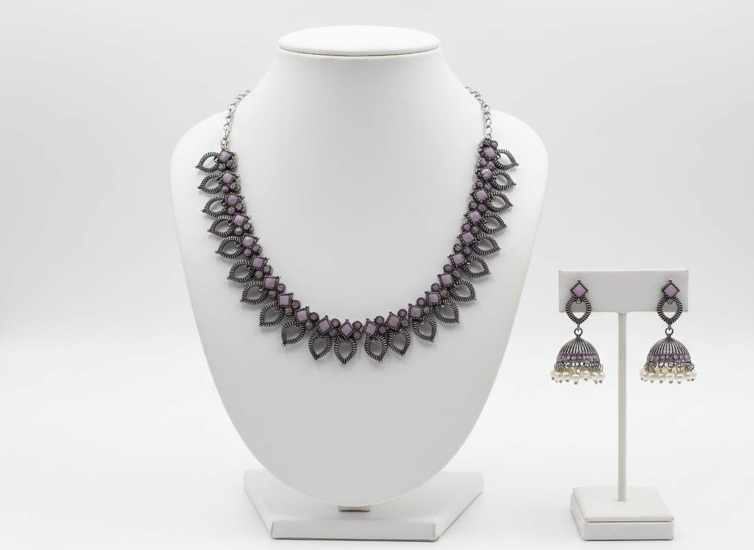 Oxidized silver finish with Soft purple Stones Necklace