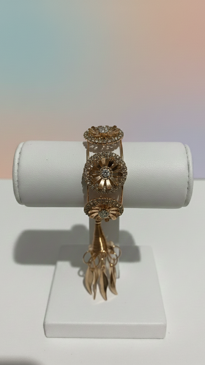 Golden Floral sparkle charm with white stone Metal Bracelet