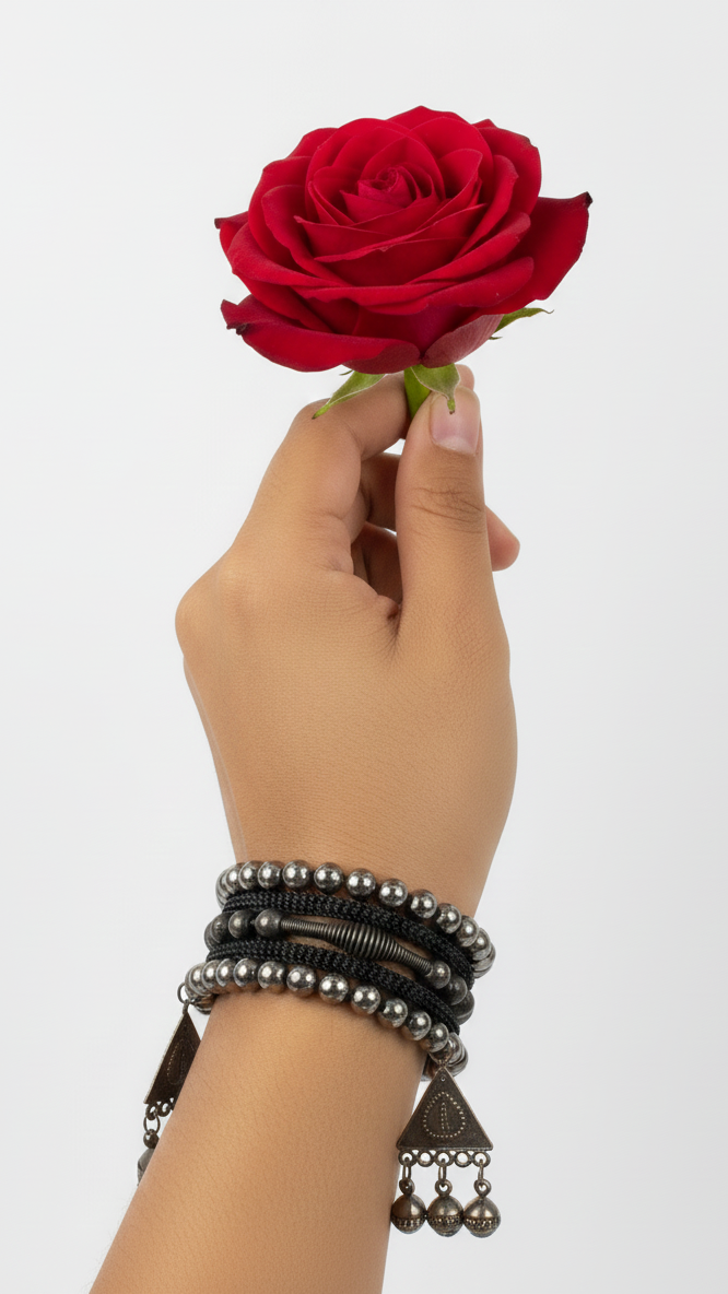 Oxidized Black Metal Pearls and Floral drops Bracelet