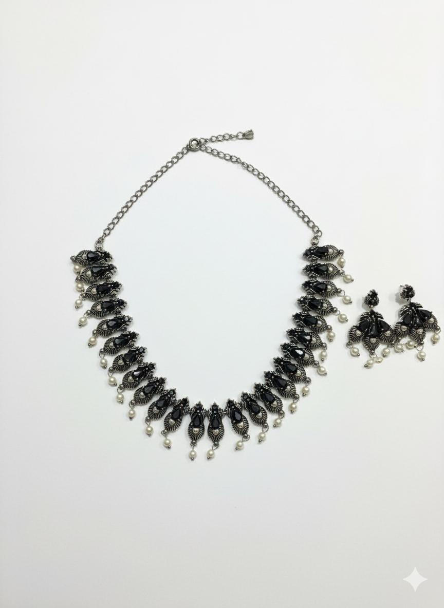 Black Enamel with Detailed Floral Design with White peral drops oxidized metal Necklace