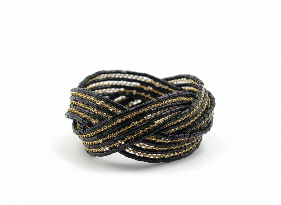 Multi-strand wrap cuff Black beaded & golden glitter coil Bracelet