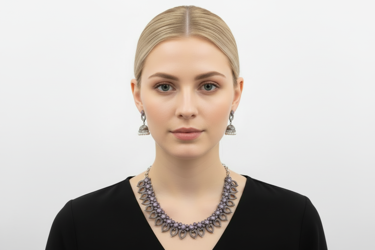 Oxidized silver finish with Soft purple Stones Necklace