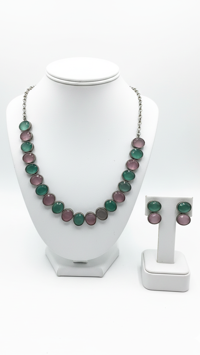 Delicate dual tone stone Pastel green & mauve pink Neclace