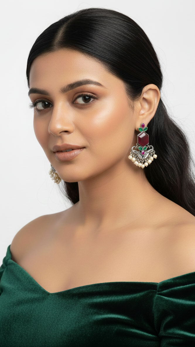 Silver plated traditional drop with red stone and pearls border earrings