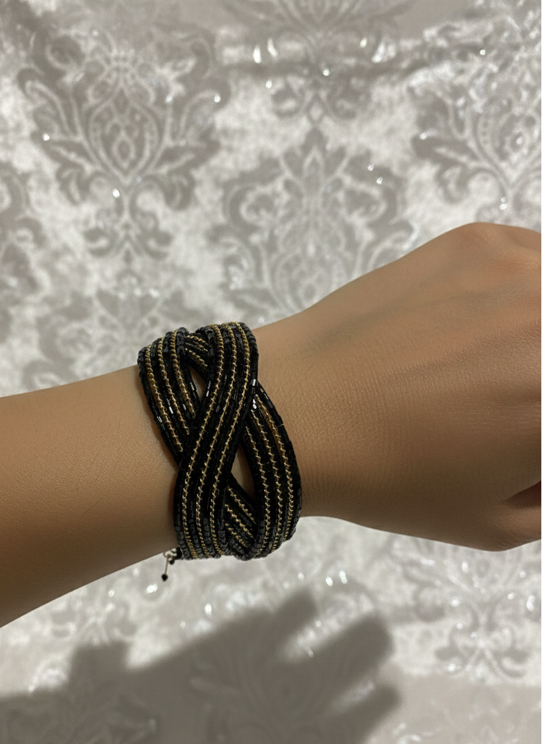 Multi-strand wrap cuff Black beaded & golden glitter coil Bracelet