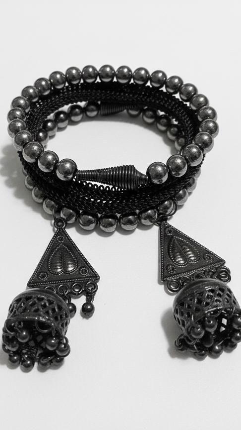 Oxidized Black Metal Pearls and Floral drops Bracelet