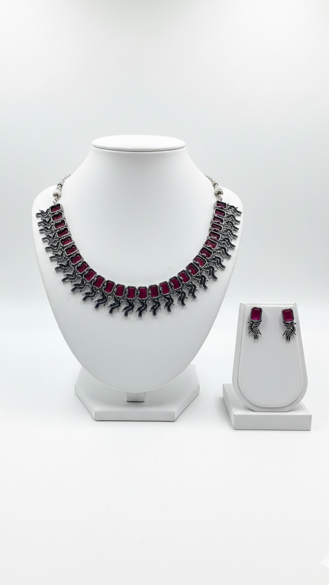 Rectangular Red stones oxidized Metal Necklace