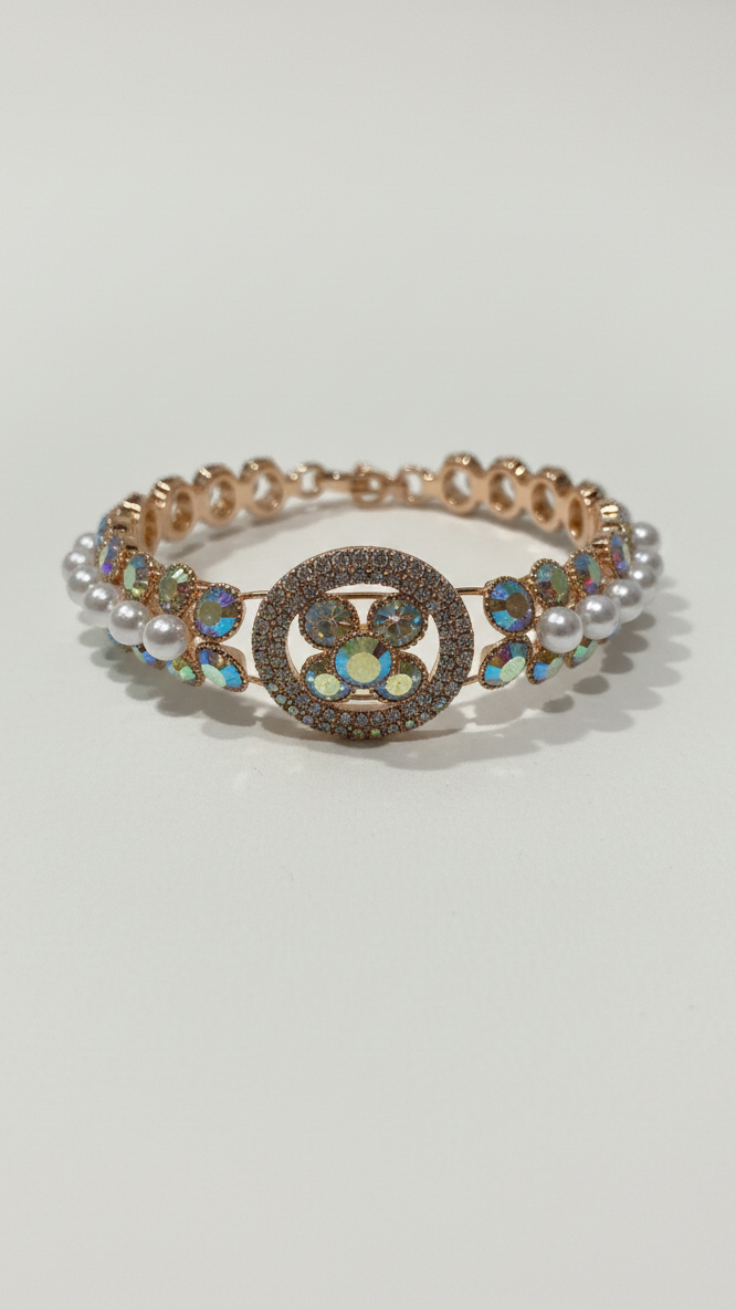 White Stone Studded Round floral with white pearls and crystal strap Bracelet
