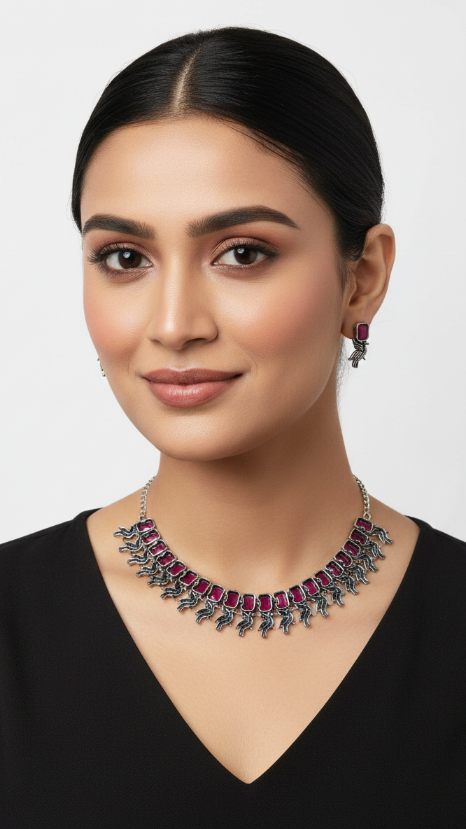 Rectangular Red stones oxidized Metal Necklace