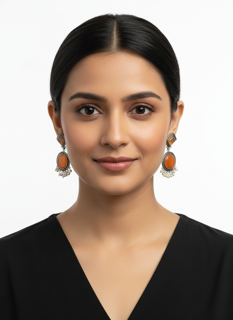 Vintage oxidized silver dangler rusted orange earrings