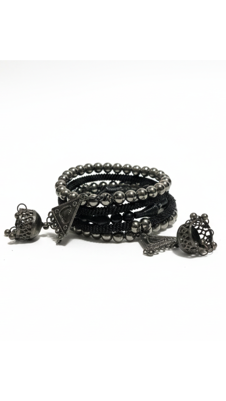 Oxidized Black Metal Pearls and Floral drops Bracelet