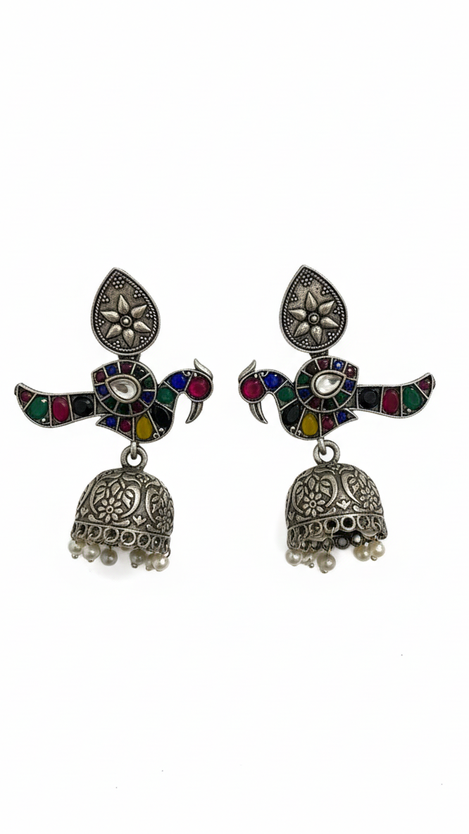 Oxidized silver Mosaic stone peacock design with jhumka metallic earrings