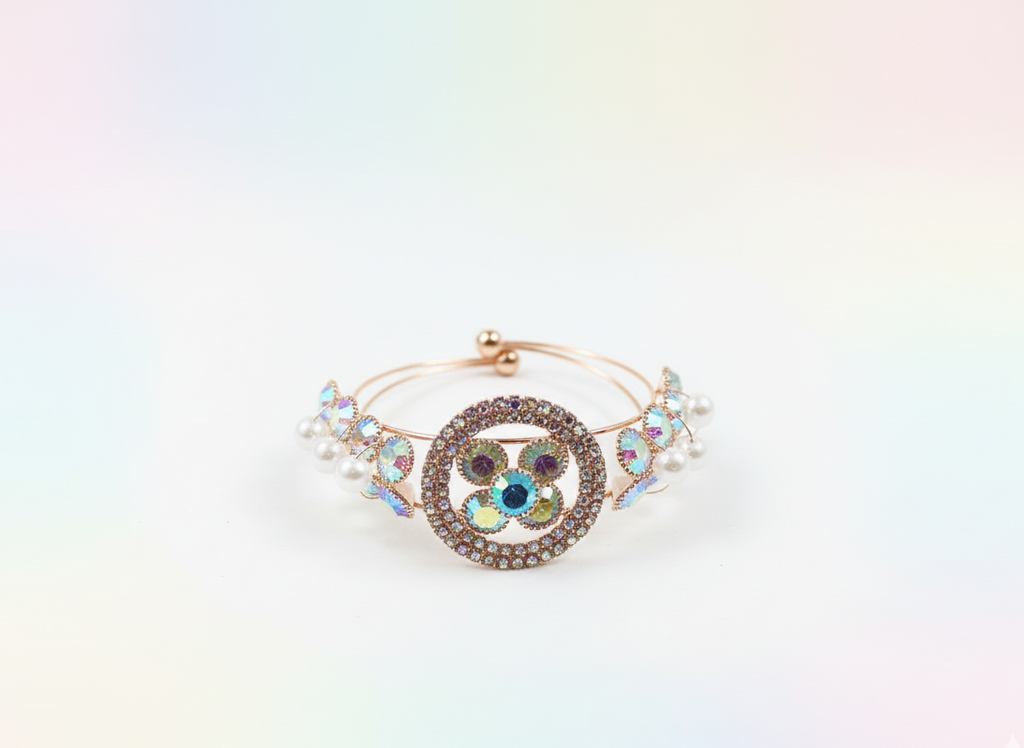 White Stone Studded Round floral with white pearls and crystal strap Bracelet