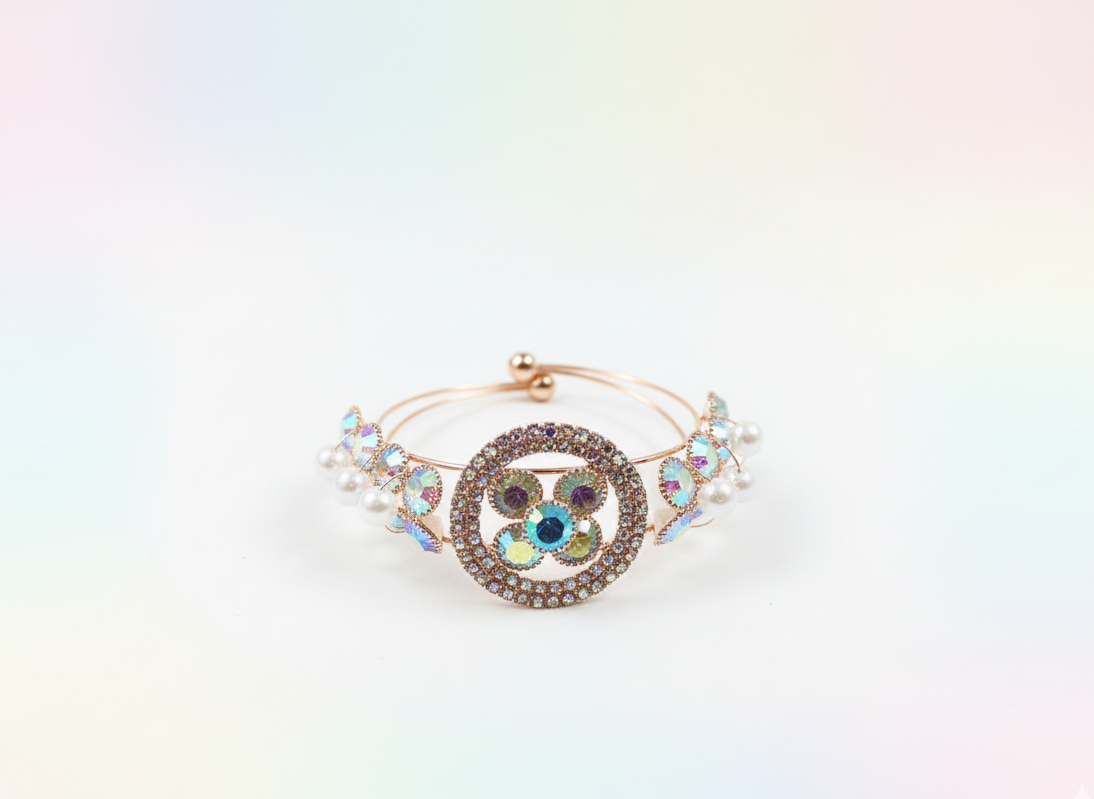 White Stone Studded Round floral with white pearls and crystal strap Bracelet