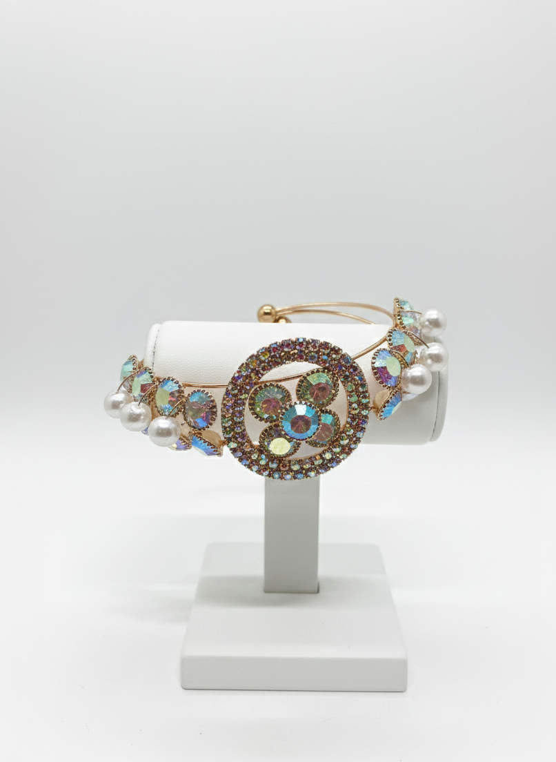 White Stone Studded Round floral with white pearls and crystal strap Bracelet