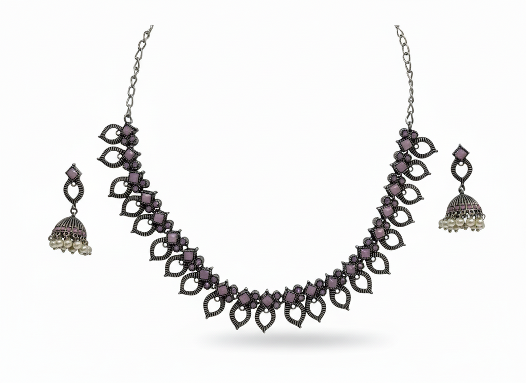 Oxidized silver finish with Soft purple Stones Necklace