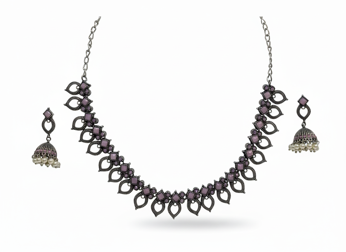 Oxidized silver finish with Soft purple Stones Necklace