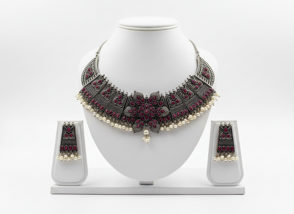 Bold & traditional Detailed Design Maroon Stones and white Pearls oxidized metal Necklace