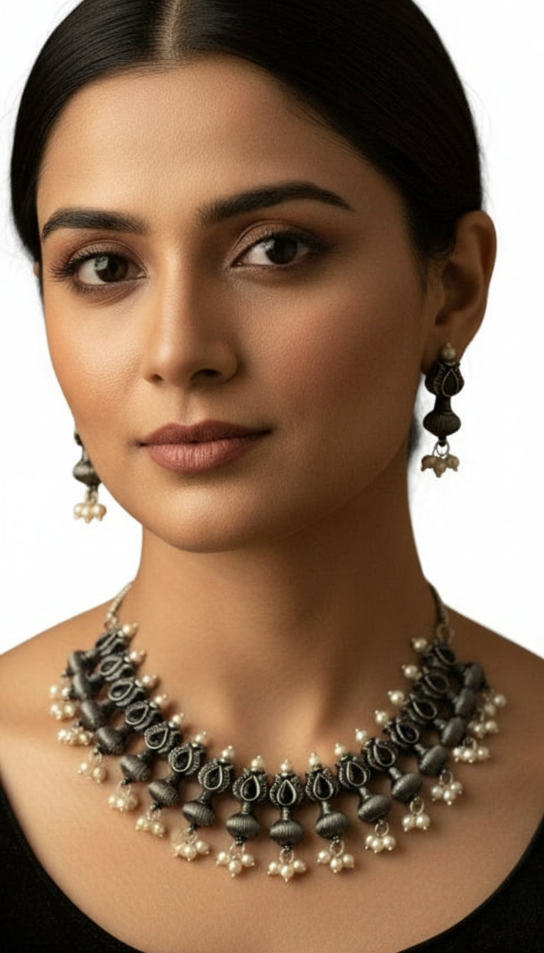 Black Enamel with Classic Floral Design with White pearls oxidized metal Necklace