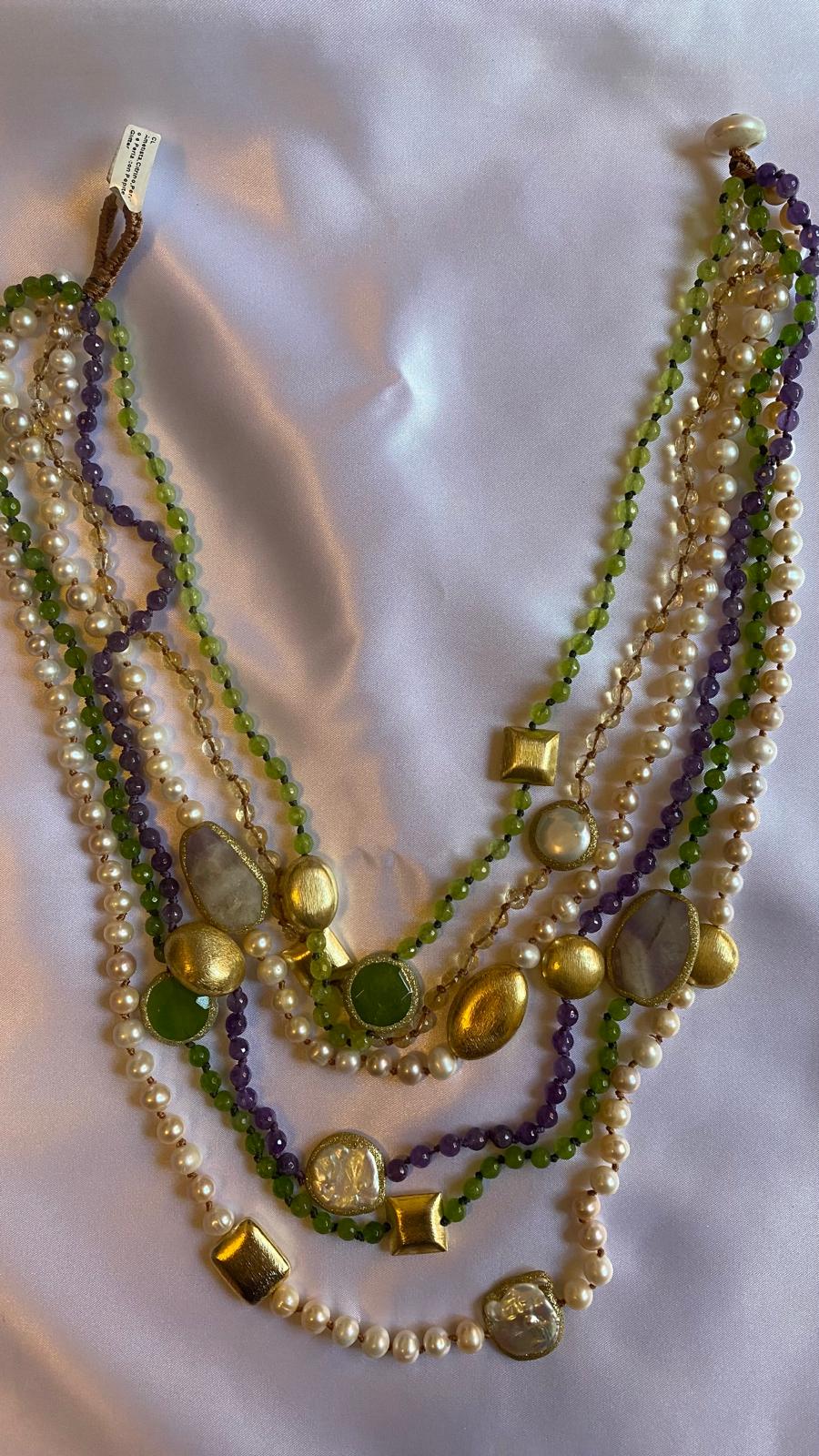 Multi strand Necklace in Amethyst, Citrine, Peridot, Pearls, Golden nuggets, and glitter.