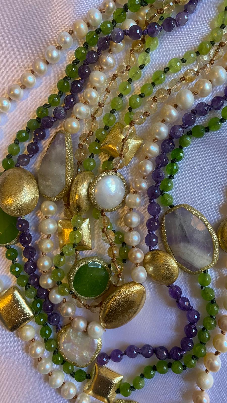 Multi strand Necklace in Amethyst, Citrine, Peridot, Pearls, Golden nuggets, and glitter.