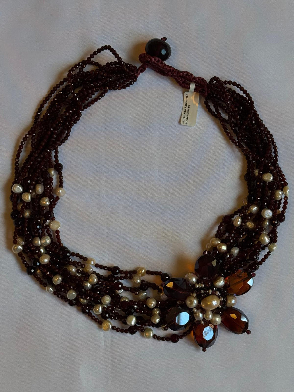 Torchon necklace with freshwater pearls and spinel