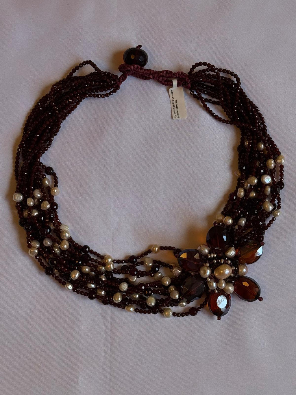 Torchon necklace with freshwater pearls and spinel