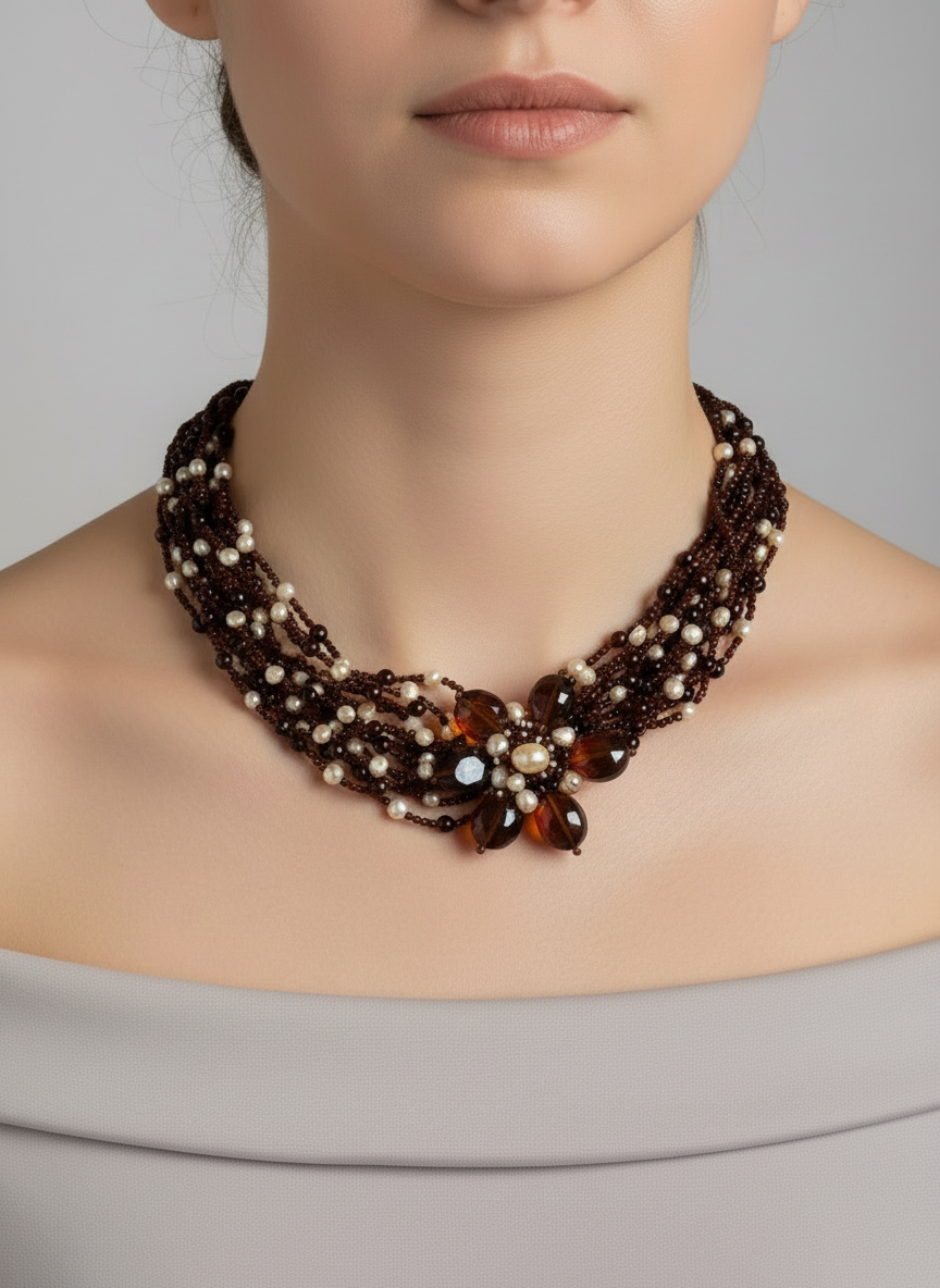 Torchon necklace with freshwater pearls and spinel