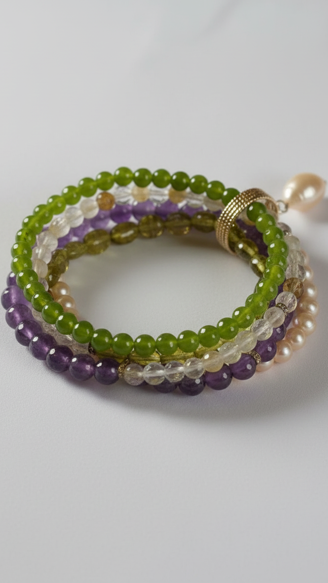Green Agate, citrine quartz, peridot, amethyst, and freshwater pearls  multi strand  Bracelet