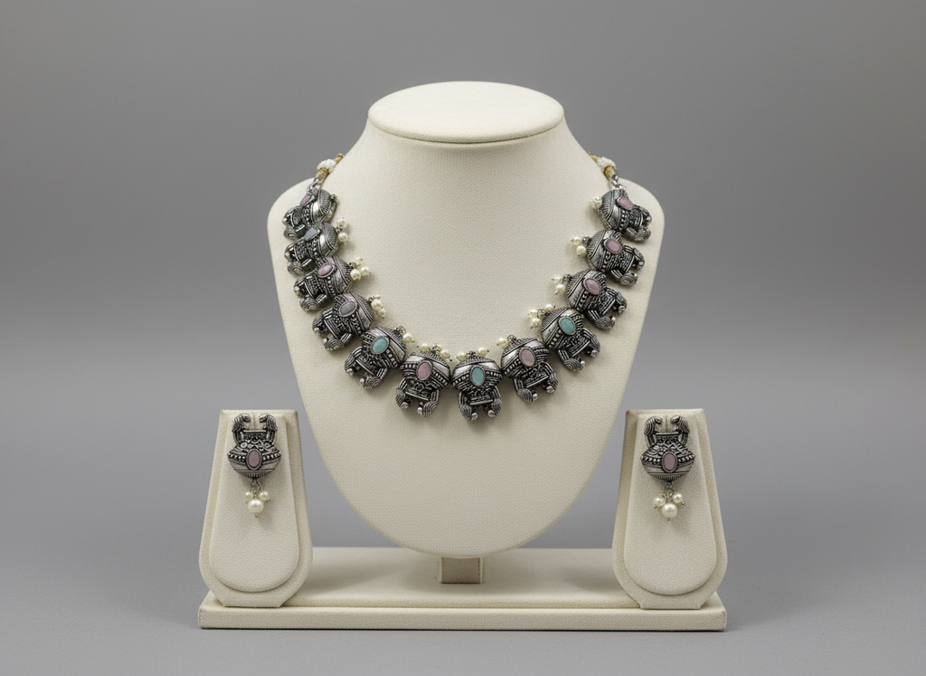 Pastel stone oxidized silver elephant design Pastel pink and mint green stones Necklace