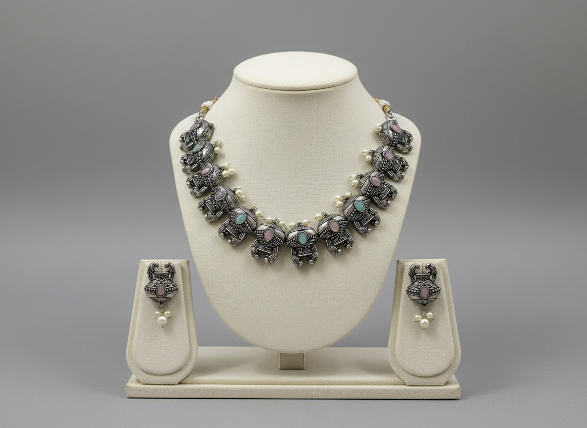 Pastel stone oxidized silver elephant design Pastel pink and mint green stones Necklace