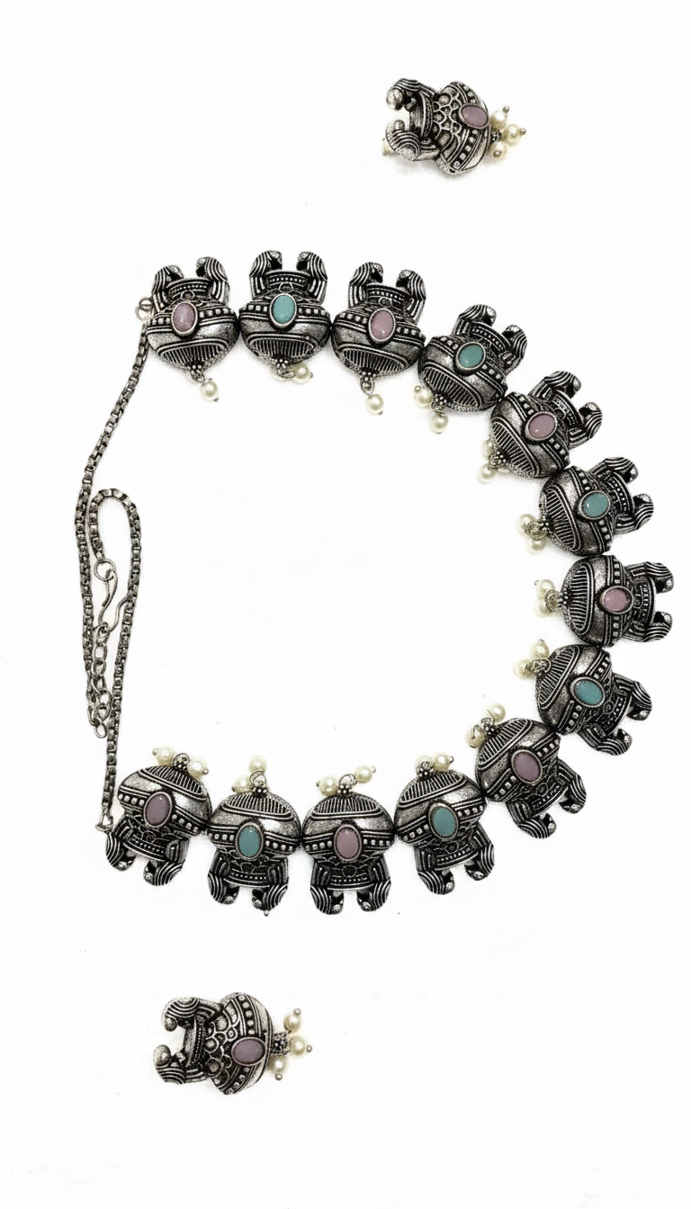 Pastel stone oxidized silver elephant design Pastel pink and mint green stones Necklace