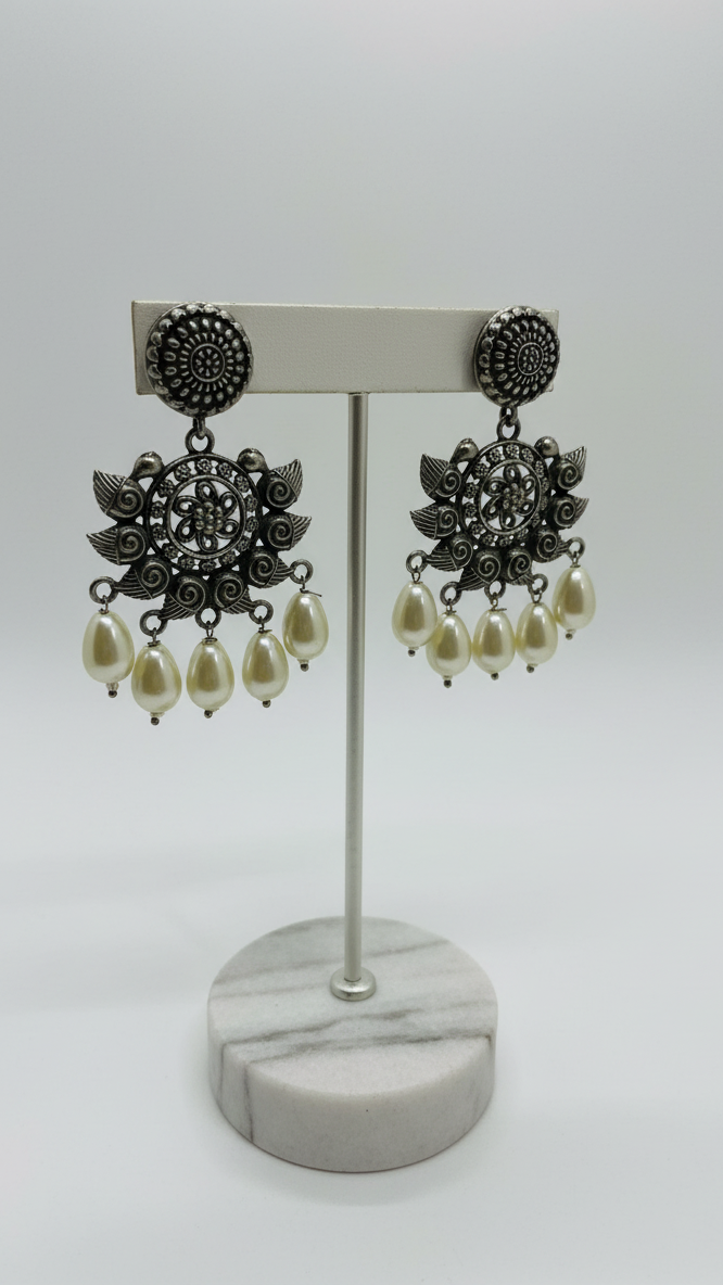 Silver plated white pearls drop earrings