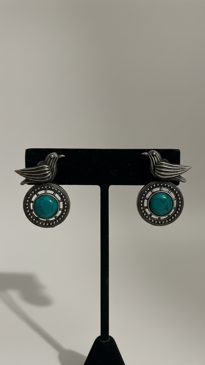 Turuoise central stone silver bird earrings