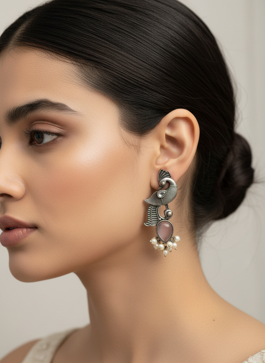 Monalisa stone Peacock with Rose gold Stone earrings