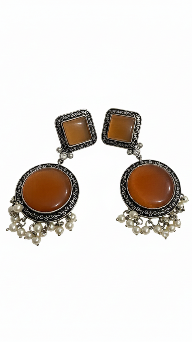 Vintage oxidized silver dangler rusted orange earrings