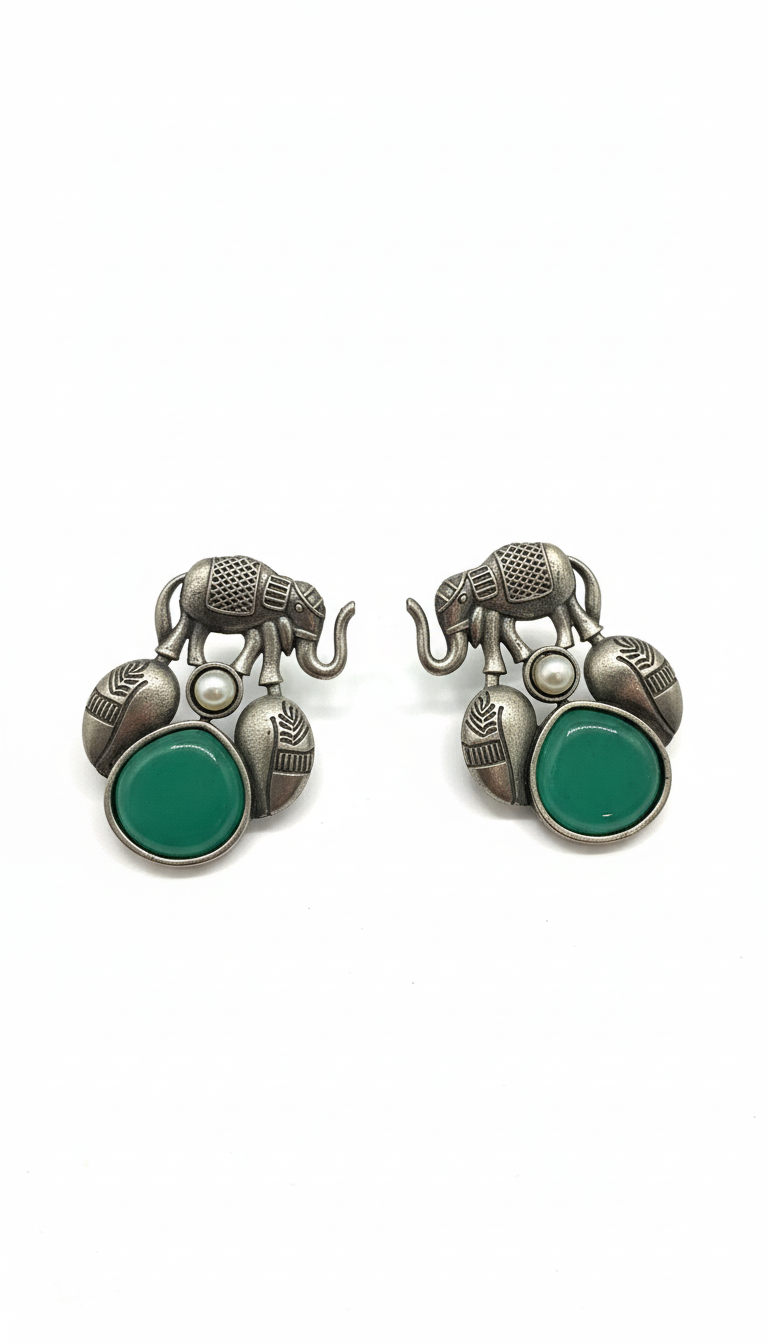 Vintage style elephant  and green stone earrings